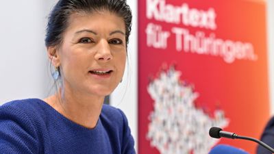 Sahra Wagenknecht (BSW) stellt eine Kampagne ihrer neuen Partei „Bündnis Sahra Wagenknecht“ für die Landtagswahl am 1. September in Thüringen vor.