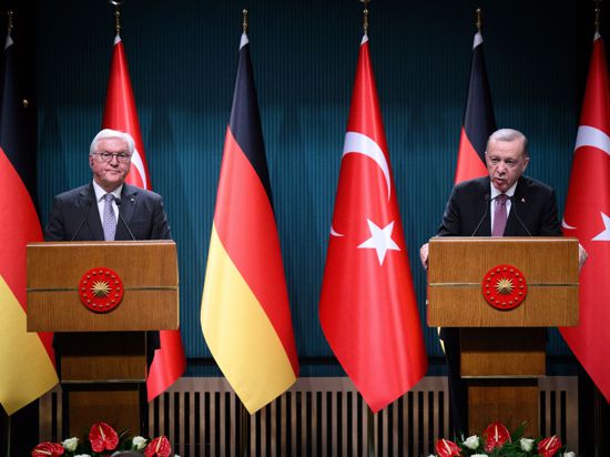Bundespräsident Frank-Walter Steinmeier (l) und der türkische Präsident Recep Tayyip Erdogan äußern sich bei einer Pressekonferenz nach ihrem Gespräch im Präsidialpalast.