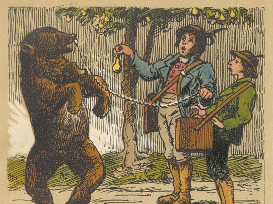 Dieses Bilderbuch, gezeichnet von Hans Thoma um 1905, zeigt eine Bärendressur. 