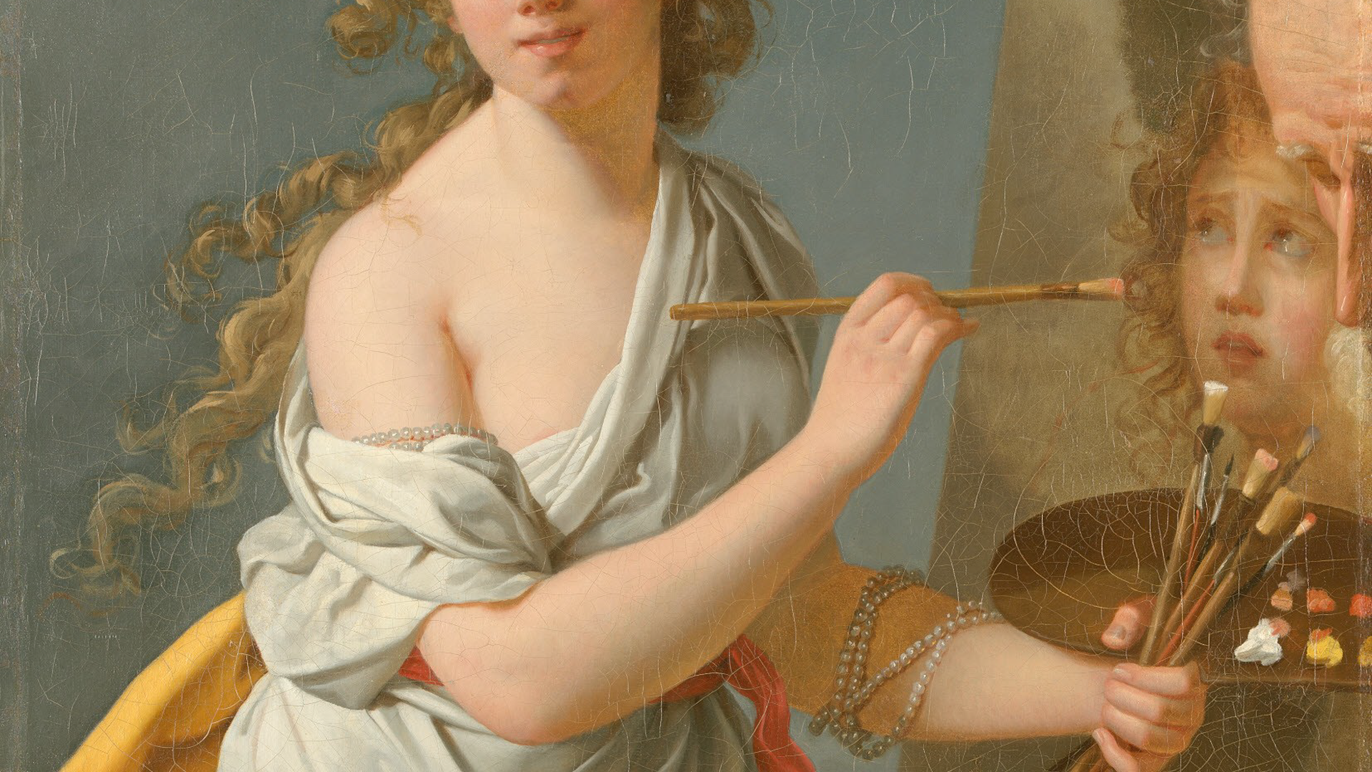 Gemälde einer jungen Frau, die mit langem gelocktem Haar vor einer Staffelei sitzt und ein Bild kopiert.