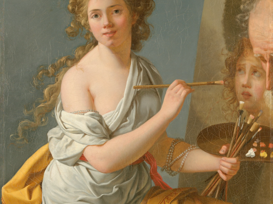 Gemälde einer jungen Frau, die mit langem gelocktem Haar vor einer Staffelei sitzt und ein Bild kopiert.