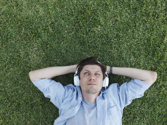 Man wearing headphones and relaxing in grass at park model released, Symbolfoto, TYF00476