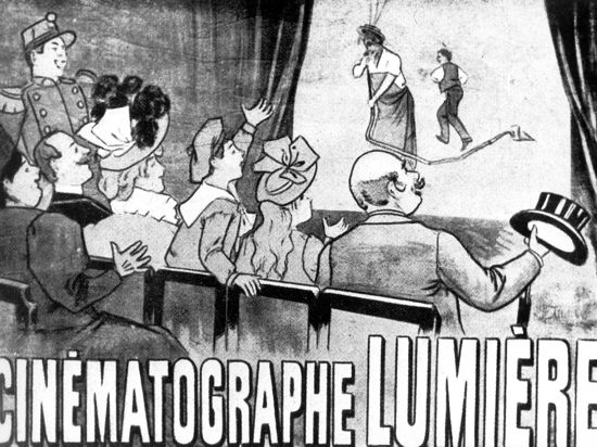 Werbeplakat für den Kinematographen der Brüder Lumière (1896) mit dem Kurzfilm „Der begossene Gärtner“.
