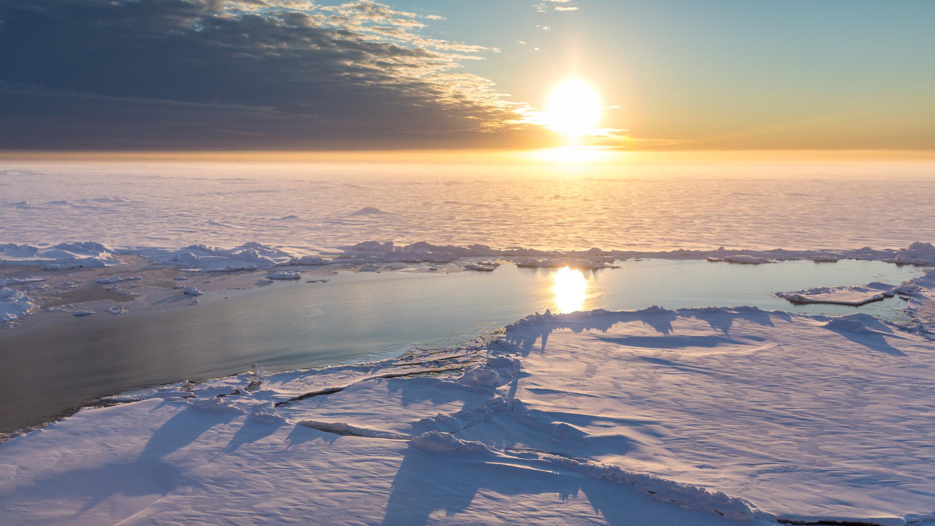 Arktisches Meereis bei Sonnenaufgang. Blick auf einen Schmelzwasserteich und eine Presseiskante im vorderen Bereich.