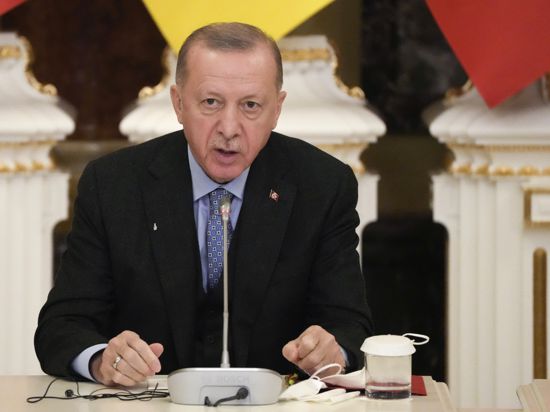 Recep Tayyip Erdogan, Präsident der Türkei, nimmt an einer gemeinsamen Pressekonferenz mit dem ukrainischen Präsidenten nach ihren Gesprächen teil. +++ dpa-Bildfunk +++