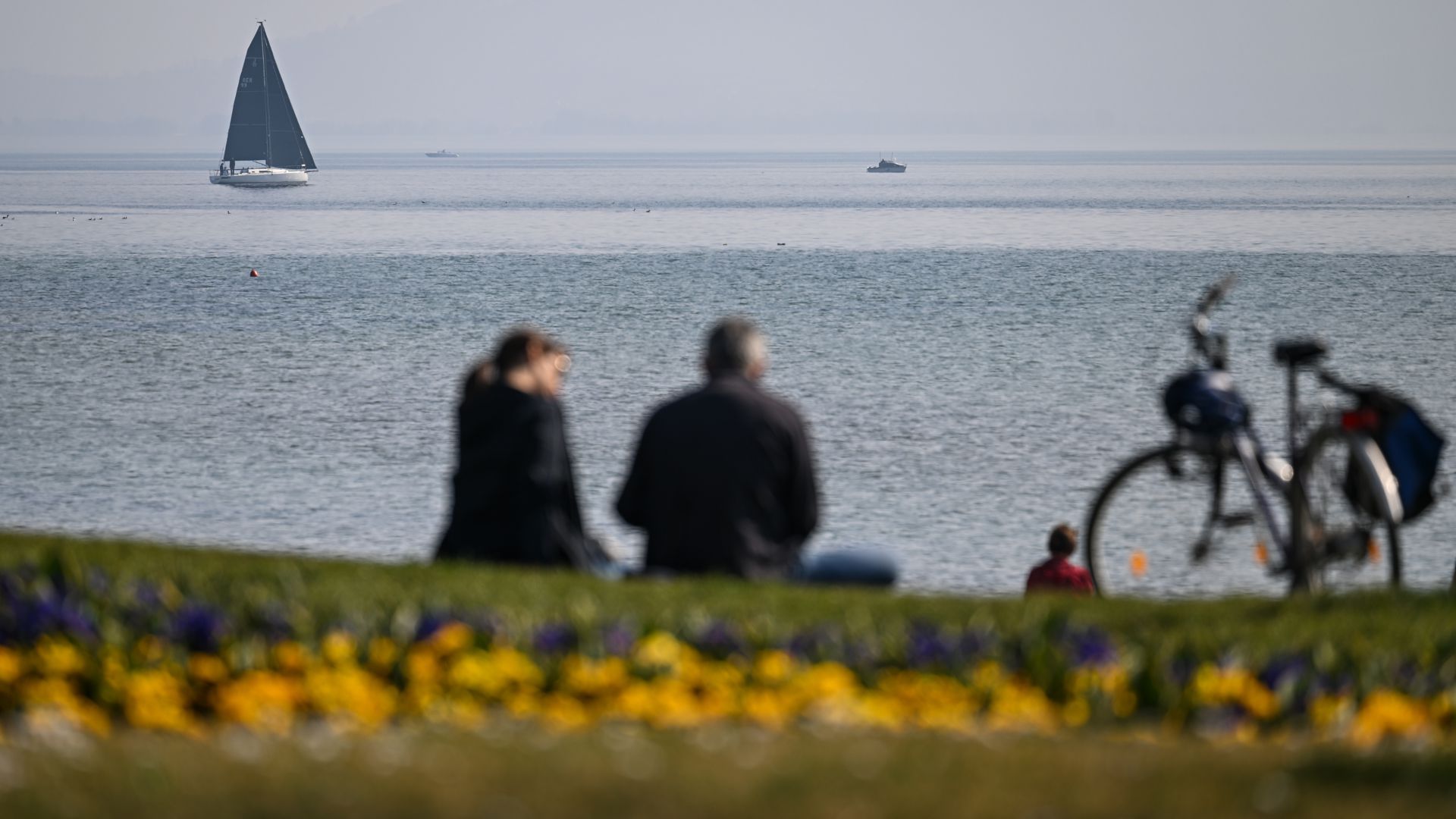 Ein Paar sitzt in der Sonne am Ufer des Bodensees, während im Hintergrund ein Segelboot zu sehen ist. Rund 20 Grad Celsius ist es am Bodensee mancherorts warm. +++ dpa-Bildfunk +++