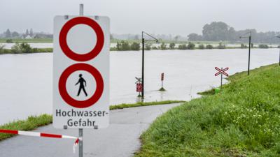 Im Rheintal fluten die Wassermassen das Land zwischen den Dämmen. Der Rhein führt nach starken Regenfällen Hochwasser.