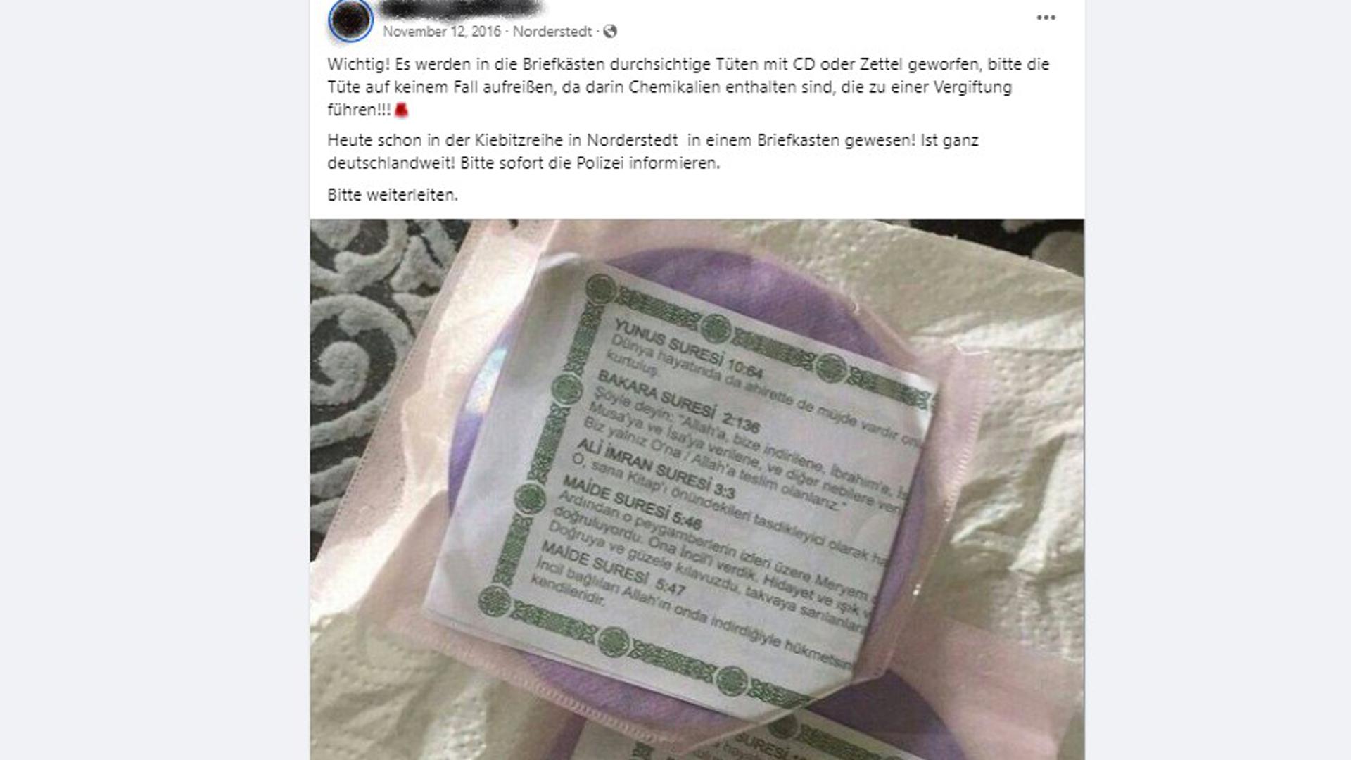 Facebook-Nachricht, die auf angeblich giftige CDs verweist.
