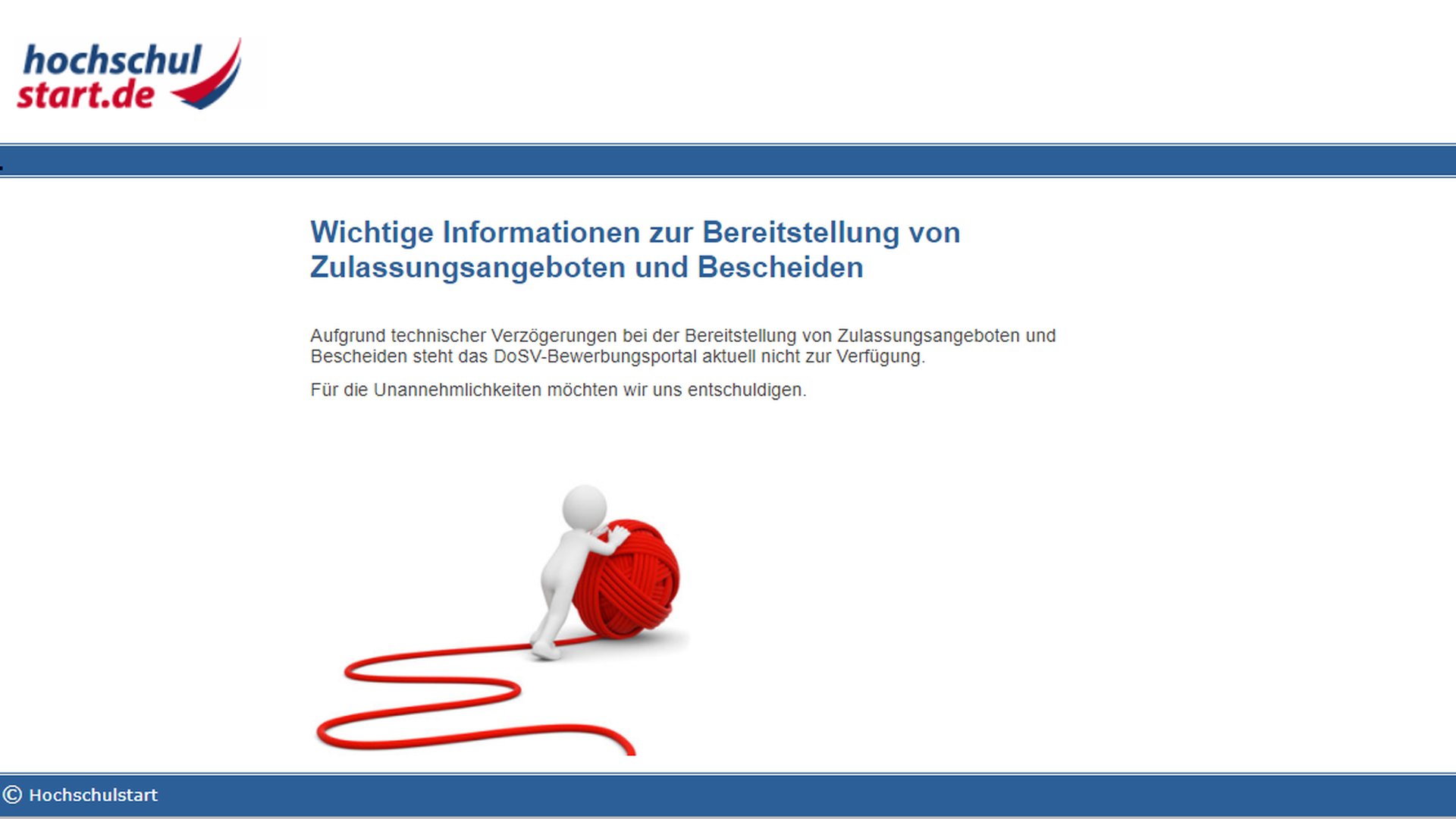 Aktueller Screenshot von der Seite www.hochschulstart.de mit der Fehlermeldung