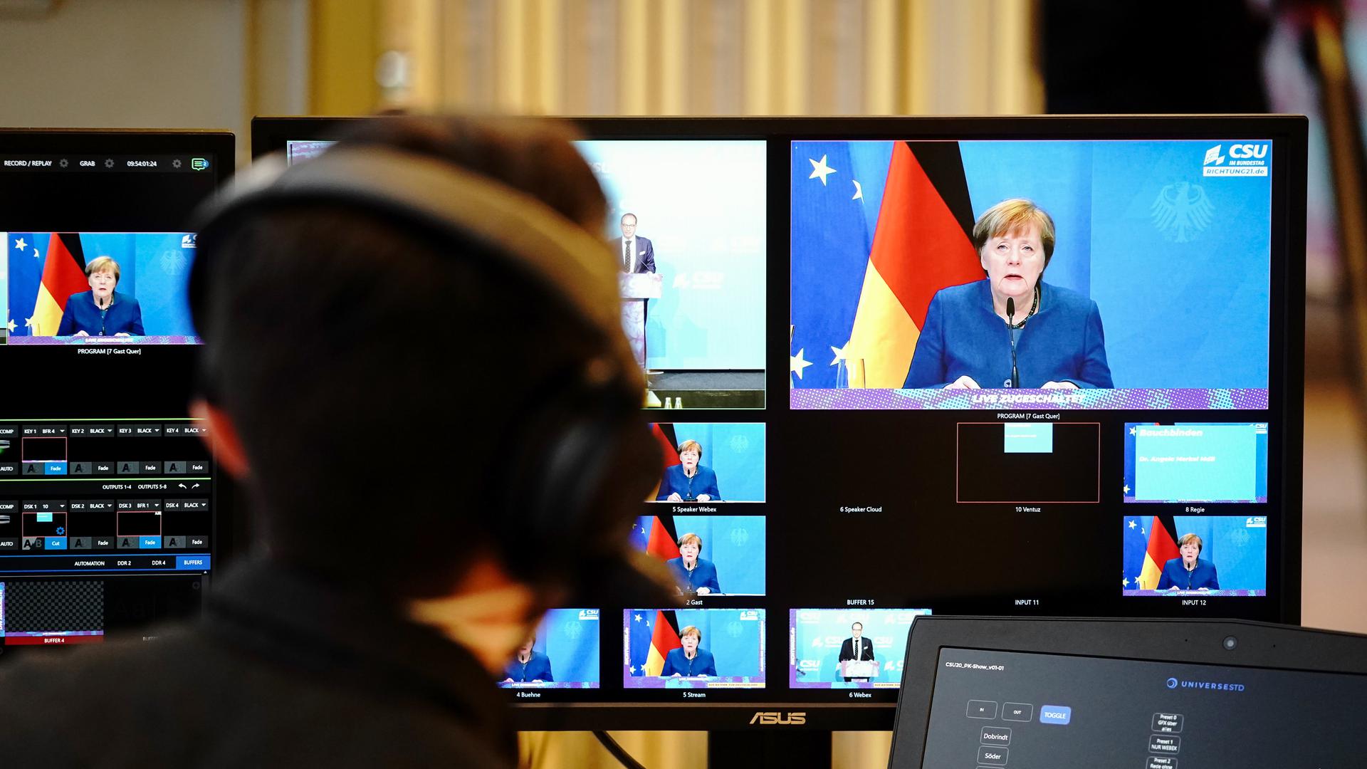 Bundeskanzlerin Angela Merkel (CDU) gibt zu Beginn der digitalen Pressekonferenz bei der Winterklausur der CSU-Landesgruppe im Bundestag ein Statement zu den Ereignissen in Washington mit dem Sturm von Trump-Anhängern auf das Kapitol ab.