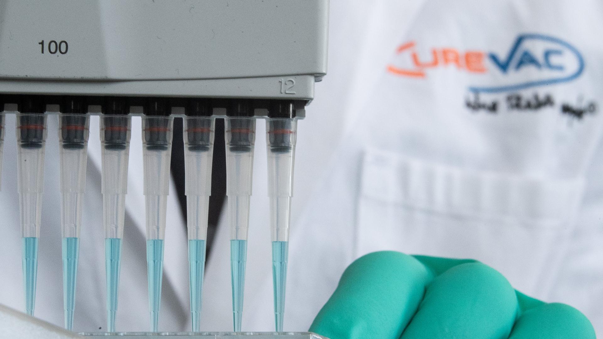 Ein Mann pipettiert in einem Labor des biopharmazeutischen Unternehmens Curevac eine blaue Flüssigkeit. 