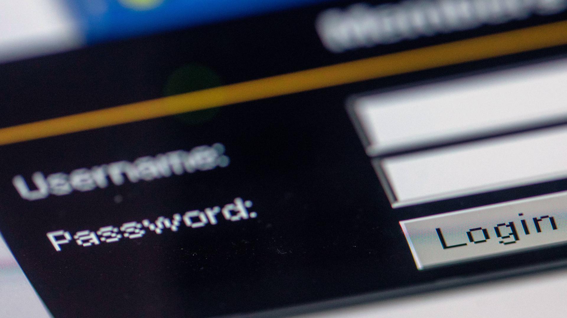 Das Abfragefenster für Username und „Password“ auf einer Internetseite sind auf dem Monitor eines Laptops zu sehen. 