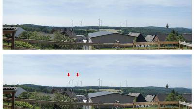 Windräder über der Lahn in Hessen: Die beiden roten Pfeile markieren das Bauvorhaben der badischen Koehler-Gruppe.