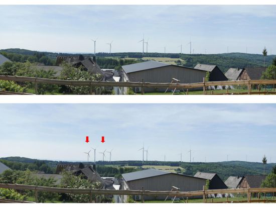 Windräder über der Lahn in Hessen: Die beiden roten Pfeile markieren das Bauvorhaben der badischen Koehler-Gruppe.