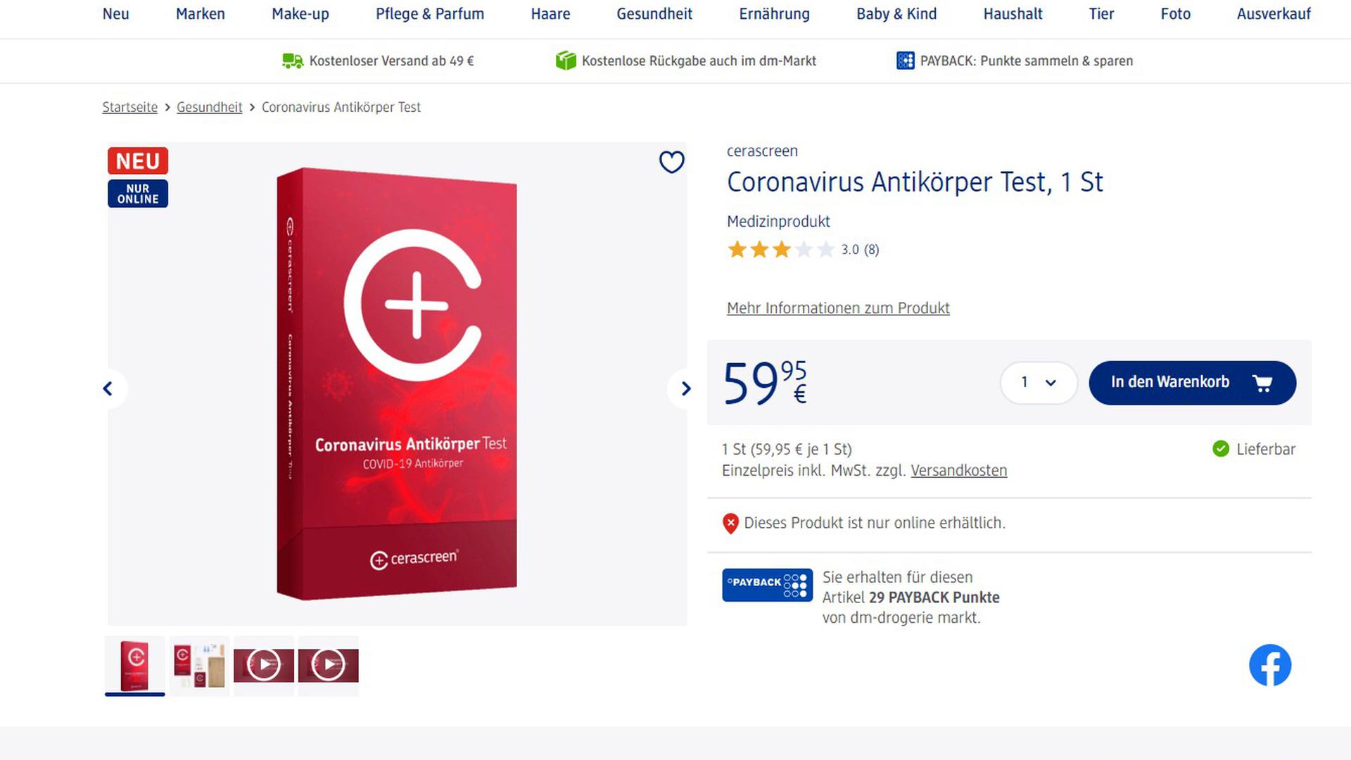 Screenshot: Coronavirus-Antikörper-Test im Onlineshop der Drogeriemarktkette dm