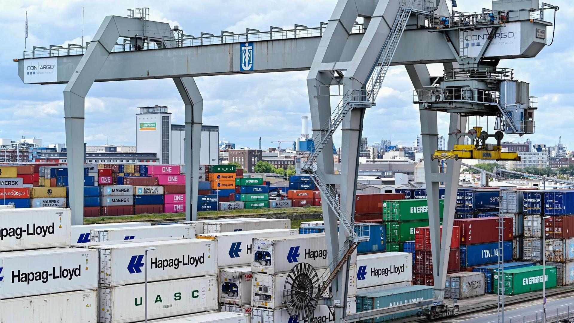 Ein Kran verlädt Container im Handelshafen des Rhein-Neckar-Hafens.