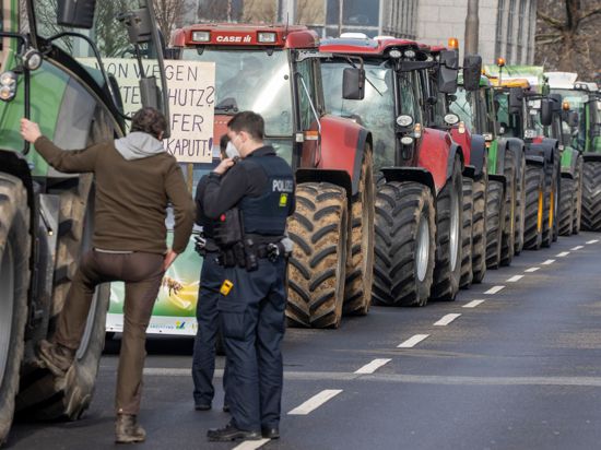 Bauern demonstrieren Mitte Februar mit ihren Traktoren vor dem hessischen Ministerium für Umwelt, Klimaschutz, Landwirtschaft und Verbraucherschutz.