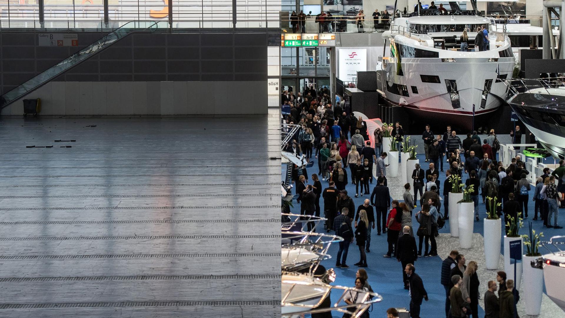 Die leere Halle 6 der Messe Düsseldorf im Frühjahr 2021 (l) und dieselbe Halle am 18.01.2020 während der Wassersportmesse „boot“.