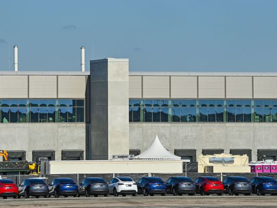 Neue Elektrofahrzeuge der Marke Tesla stehen auf dem Baugelände der Tesla Gigafactory östlich von Berlin.