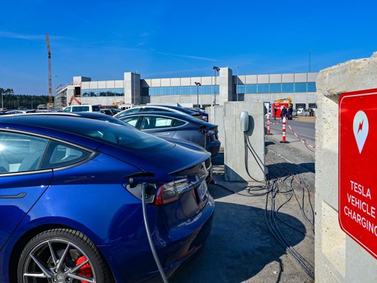 Elektrofahrzeuge der Marke Tesla werden vor der Tesla Gigafactory Berlin Brandenburg geladen.