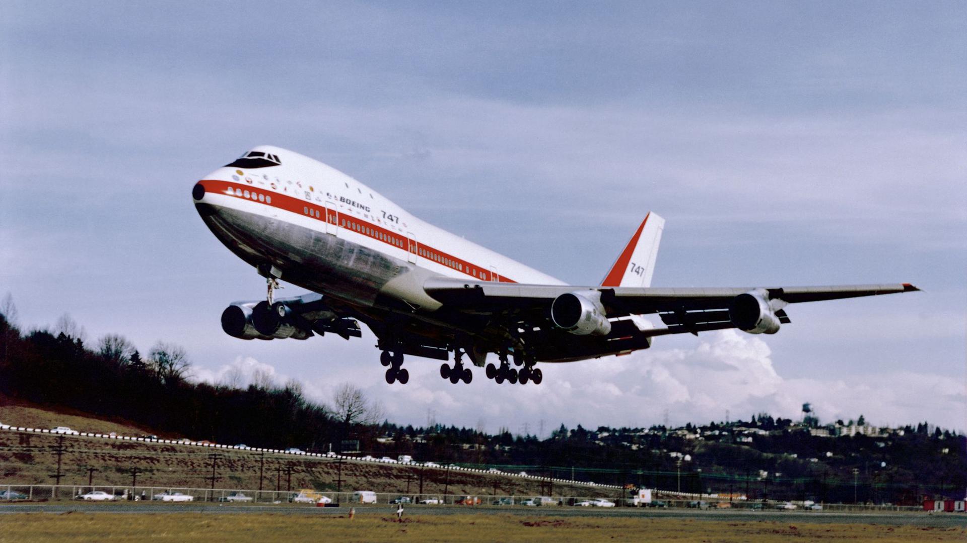 Start der ersten Boeing 747 auf dem Boeing Field in Seattle im Jahr 1969.