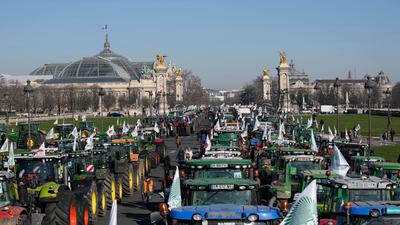 Traktoren parken vor dem Museum Grand Palais (l). Französische Landwirte stören mit Hunderten von Traktoren den Verkehr in Paris, um gegen ein EU-Pestizidverbot zu protestieren.