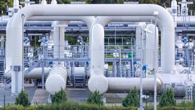 Rohrsysteme und Absperrvorrichtungen in der Gasempfangsstation der Ostseepipeline Nord Stream 1 und der Übernahmestation der Ferngasleitung OPAL in Lubmin.