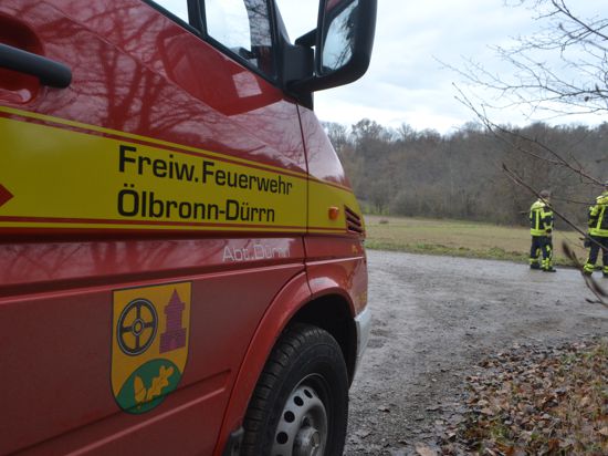 Feuerwehrfahrzeug der Freiwilligen Feuerwehr Ölbronn-Dürrn, dahinter stehen zwei Feuerwehrleute.