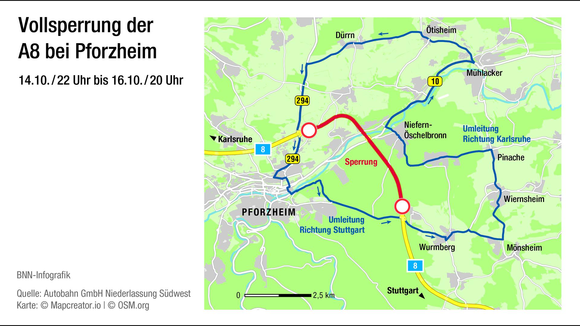 A8 bei Pforzheim wird am Wochenende erneut gesperrt: Was Autofahrer beachten müssen.