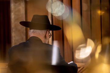 Ein Gläubiger sitzt in der Synagoge der Liberalen Jüdischen Gemeinde Hannover K.d.ö.R. Die Gemeinde feiert das sogenannte Laubhüttenfest (Sukkot), vergleichbar mit dem Erntedankfest. Es zieht sich über mehrere Tage hin. +++ dpa-Bildfunk +++