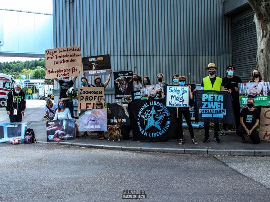 Eine Gruppe demonstriert mit Plakaten vor dem Schlachthaus von Müller Fleisch gegen Tierausbeutung.