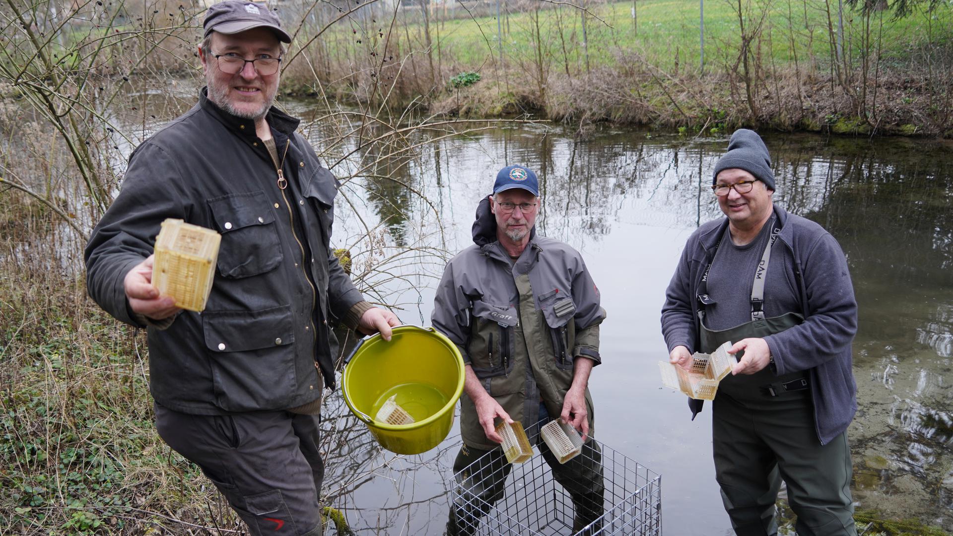 Drei Männer mit Brutmaterial für die Fische am Bach