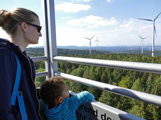Eine Frau und ein Kind blicken auf die Anlagen im Windpark Straubenhardt.