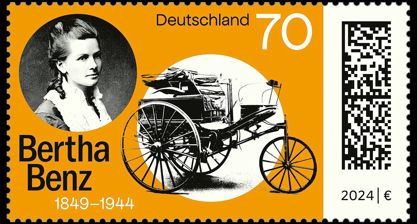 Ein Sonderpostwertzeichen „175. Geburtstag Bertha Benz“, entworfen von der international preisgekrönten Designerin Susanne Stahl (Berlin), wird am 2. Mai herausgegeben
