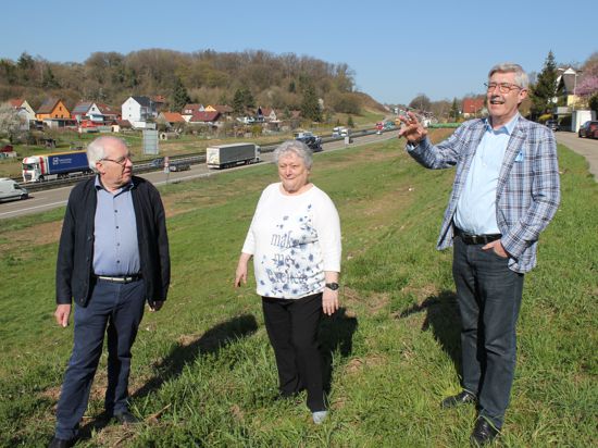 Panoramablick auf die Lärmquelle: Josef Eberhardt aus Eutingen (von links) sowie Ulrike Rexer und Bernd Schuster (beide aus Niefern) hoffen, dass der Ausbau der A8 bald losgeht und auch Lärmschutzmaßnahmen umgesetzt werden.