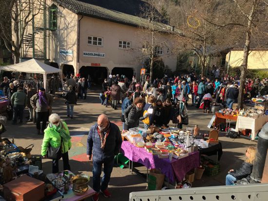 Besucher und private Verkäufer vor der Nagoldhalle in Dillweißenstein beim ersten Flohmarkt des Jahres  