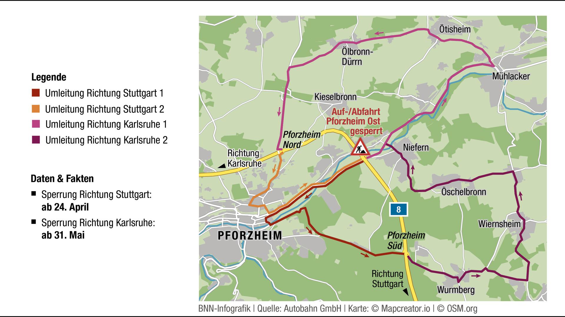 Sperrung der Auf-/Abfahrt Pforzheim-Ost | Umleitungen