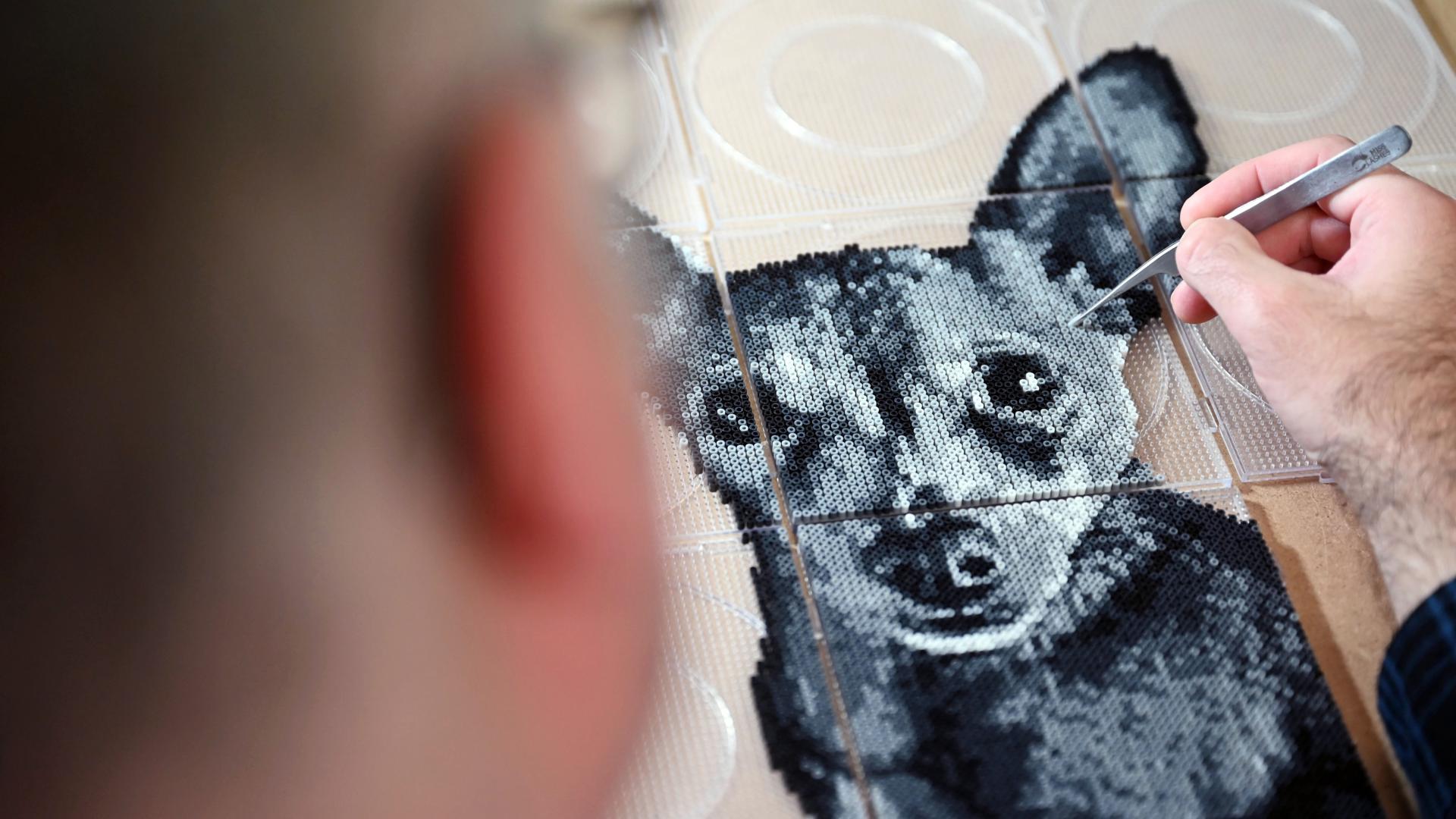 Ein Mann fertigt ein Hundeporträt aus Bügelperlen an.
