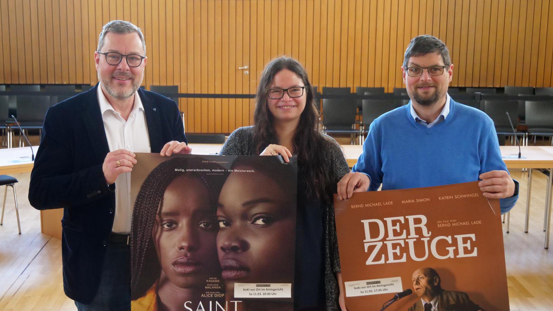Oliver Weik, Sarah Kast und Timo Gerstel (von links) versprechen zwei Filme, die perfekt in einen Gerichtssaal passen: „Saint Omer“ und „Der Zeuge“. Beide werden am 11.März gezeigt.