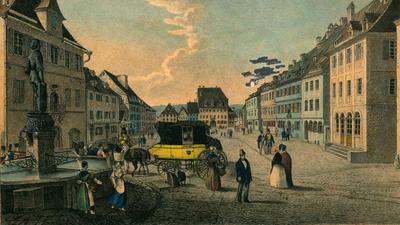 Historische Postkutsche auf dem Marktplatz Pforzheim.