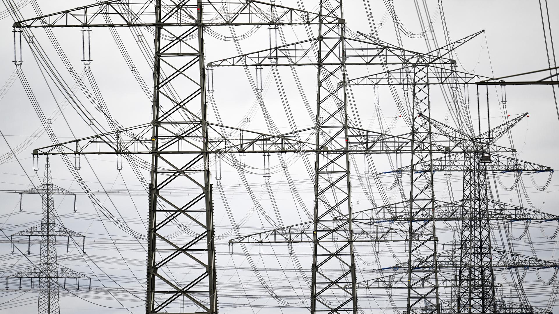 Strommasten stehen auf einem Feld. Der Landtag von Nordrhein-Westfalen erörtert in einer aktuellen Stunde die Entwicklung der Energiepreise. +++ dpa-Bildfunk +++
