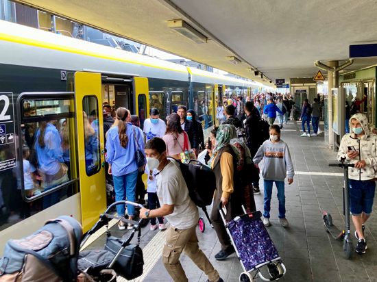 Passagiere versuchen am Pforzheimer Hauptbahnhof einen freien Platz in einer Bahn zu finden.