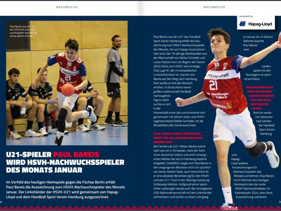 In der aktuellen Spielbroschüre des Bundesligisten Handballsportverein Hamburg wird Paul Bareis als „Nachwuchsspieler des Monats Januar“ gewürdigt. Foto: Repro Oliver Linde
