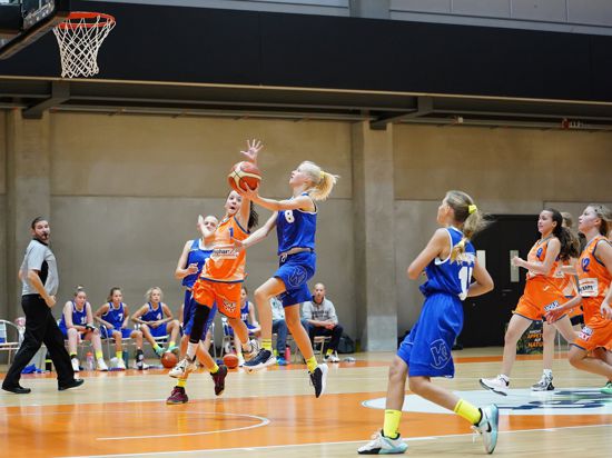 Tabellenspitze verteidigt: Die weibliche U14 der TSG Bruchsal (in den blauen Trikots) ist durch den 66:48-Erfolg in Ulm weiter Spitzenreiter in der Basketball-Regionalliga. 