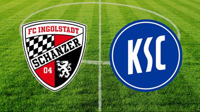 Der KSC gastiert beim FC-Ingolstadt. Hier gibt es die Partie im Live-Ticker. Die Logos der beiden Mannschaften vor dem Fußballrasen.