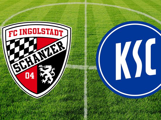 Der KSC gastiert beim FC-Ingolstadt. Hier gibt es die Partie im Live-Ticker. Die Logos der beiden Mannschaften vor dem Fußballrasen.