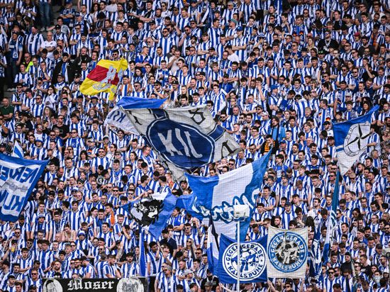 Retro-Look in der Südkurve: Zum Saisonfinale im Wildparkstadion trugen die KSC-Fans die blau und weiß längs gestreiften Traditions-Shirts auf. 