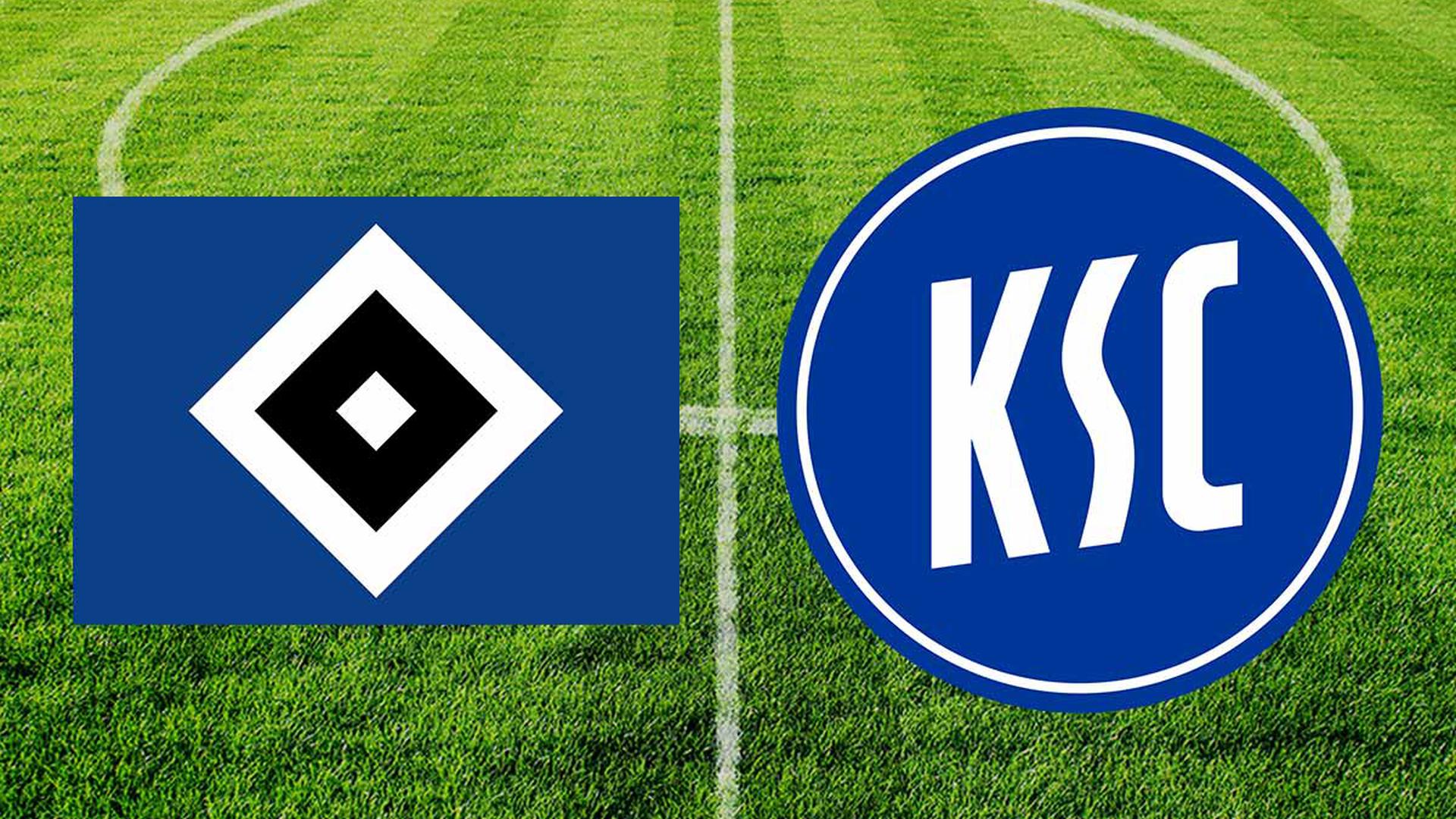HSV Logo und KSC Logo vor einem Fußballplatz