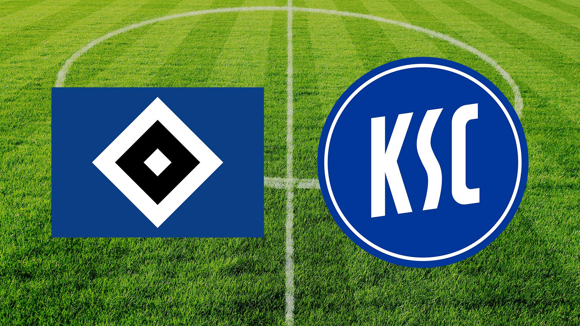 Logo des HSV und KSC, im Hintergrund ein Fußballfeld