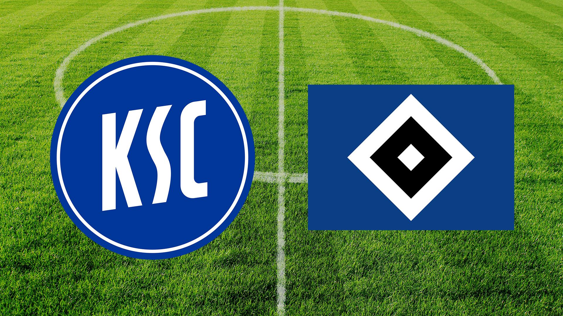 Logos des KSC und des HSV vor einem Fußballrasen
